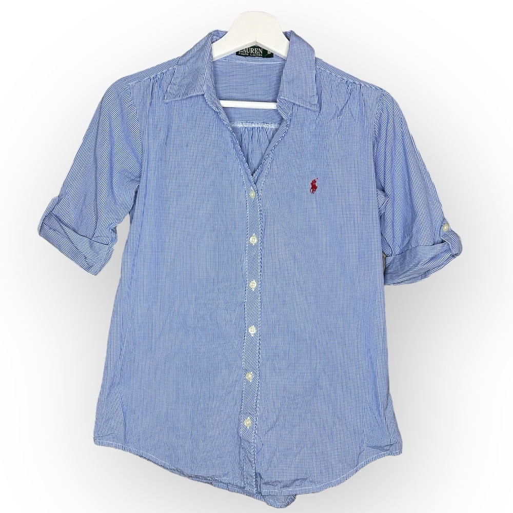 Ralph Lauren Polo Blue and White Micro Check Preppy Button Front Shirt Medium